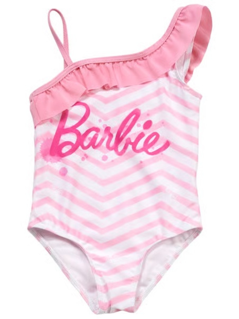 NWOT Barbie Chevron One-Shoulder Ruffle Girls' Swimsuit~Pink